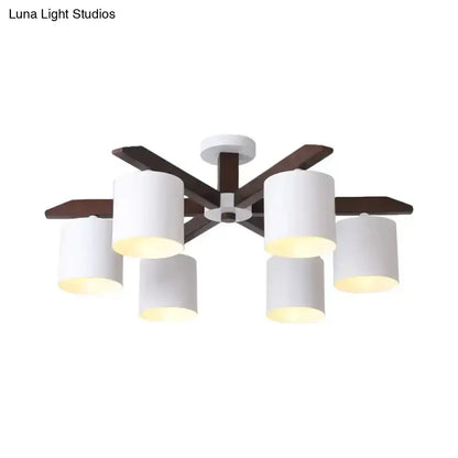 White Brown Ceiling Chandelier with six white drum shades and dark wood arms by Decorbites on Tampa Home & Garden Store