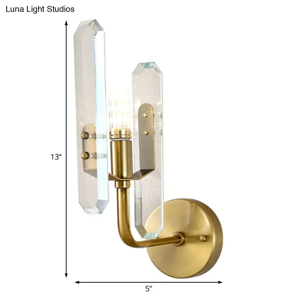 Brass crystal block wall sconce postmodern with dual clear prisms and round wall mount on Tampa Home & Garden Store