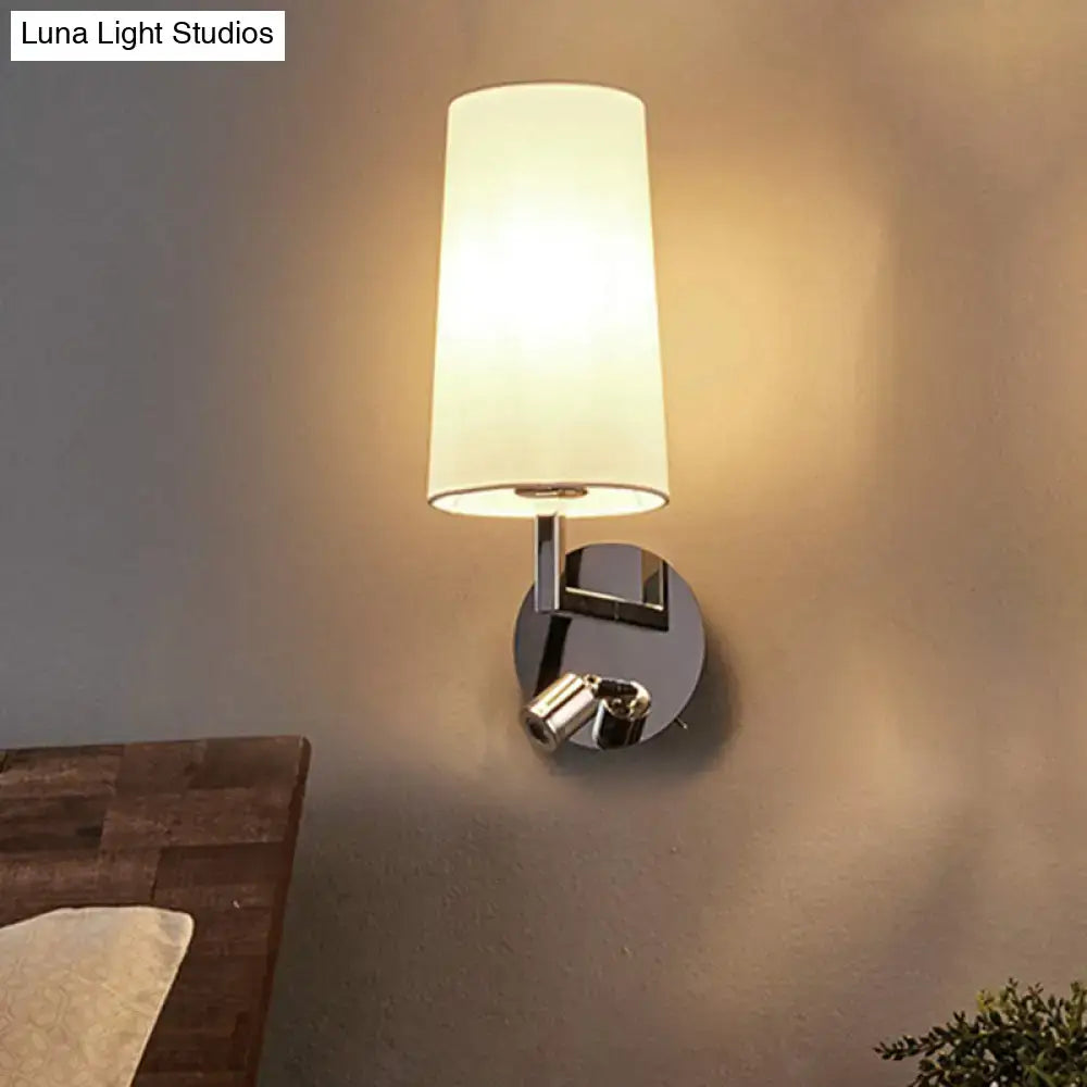Nickel wall sconce light with white fabric shade and chrome backplate by Decorbites on Tampa Home & Garden Store