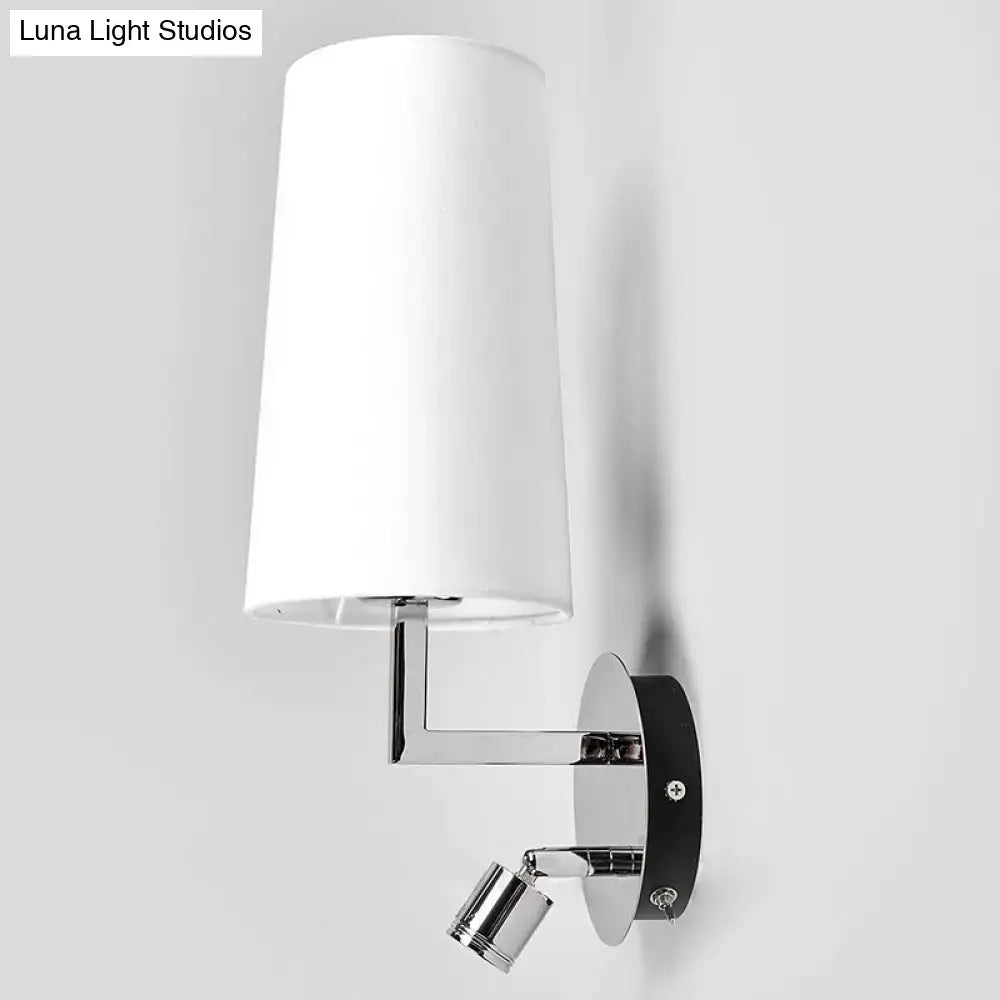 Nickel wall sconce light with white fabric shade and chrome mount on Tampa Home & Garden Store