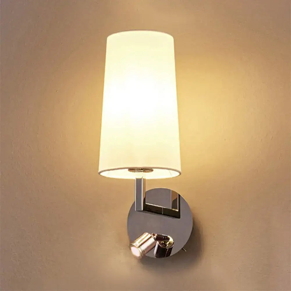 Nickel wall sconce light with tall white fabric shade and chrome backplate Decorbites on Tampa Home & Garden Store