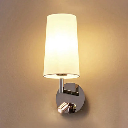 Nickel wall sconce light with tall white fabric shade and chrome backplate Decorbites on Tampa Home & Garden Store