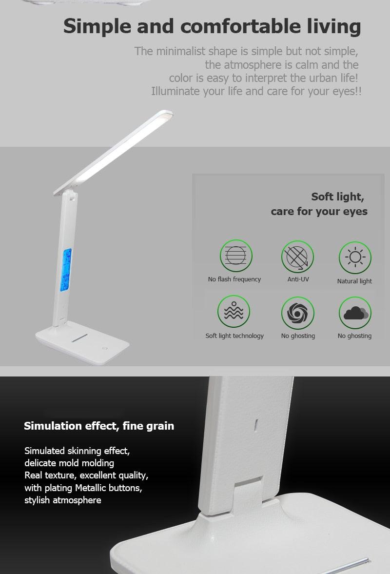 Stevvex white desk lamp with foldable LED head, touch dimmable, calendar clock display on Tampa Home & Garden Store