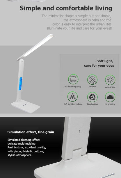Stevvex white desk lamp with foldable LED head, touch dimmable, calendar clock display on Tampa Home & Garden Store