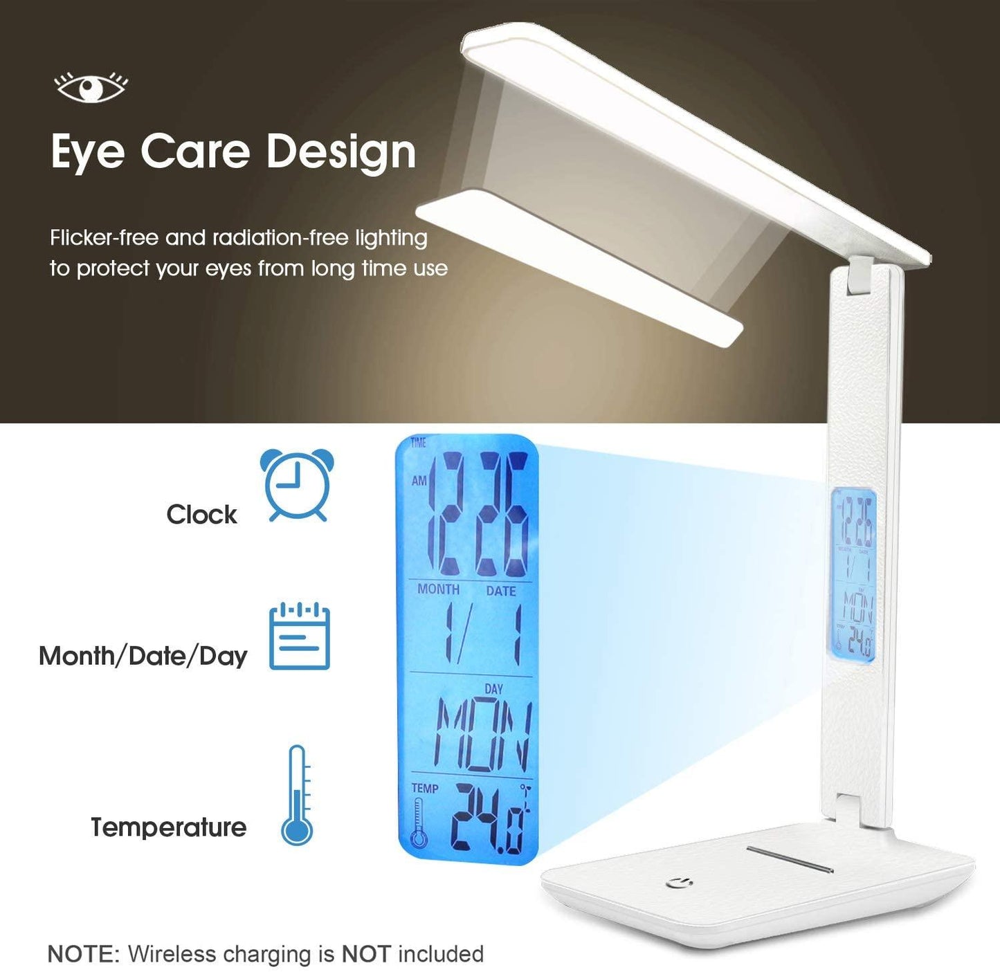 Desk lamp Stevvex ST125164AYY white foldable LED with calendar and temperature clock on Tampa Home & Garden Store