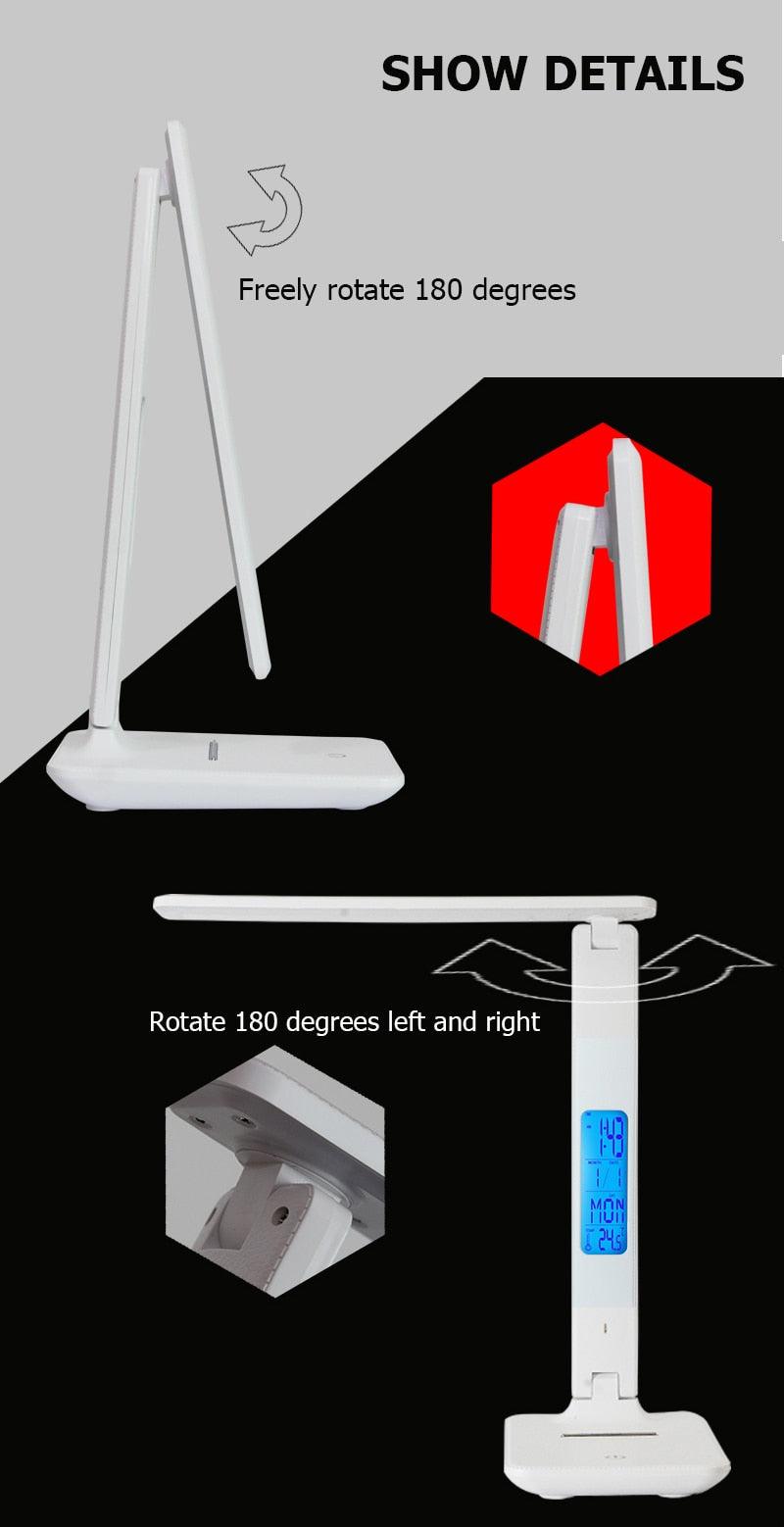 Stevvex white desk lamp with foldable arm and touch dimmable blue LED calendar clock display on Tampa Home & Garden Store