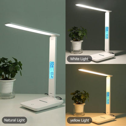 Stevvex ST125164AYY white LED desk lamp with cal. & temp. display, touch dimmable foldable base on Tampa Home & Garden Store
