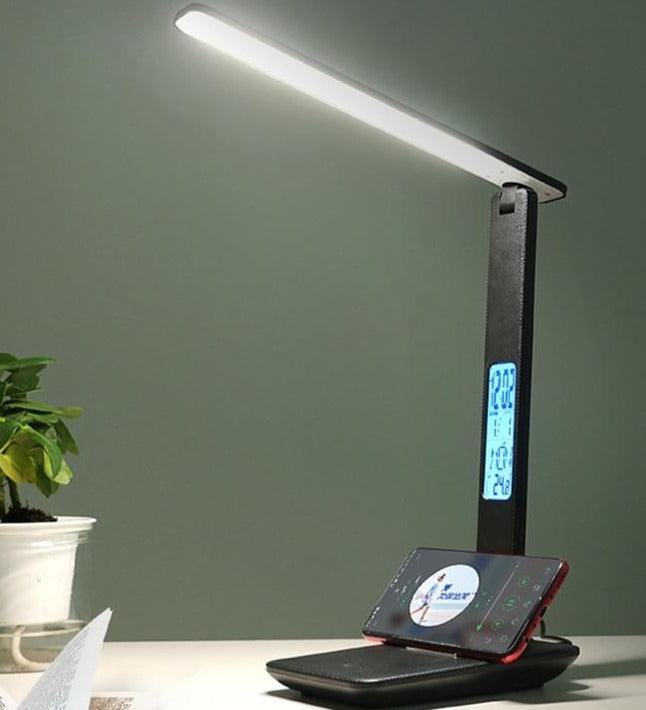 Modern black LED desk lamp with touch dimmable light bar and vertical clock/calendar display on Tampa Home & Garden Store