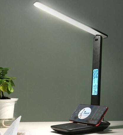 Modern black LED desk lamp with touch dimmable light bar and vertical clock/calendar display on Tampa Home & Garden Store