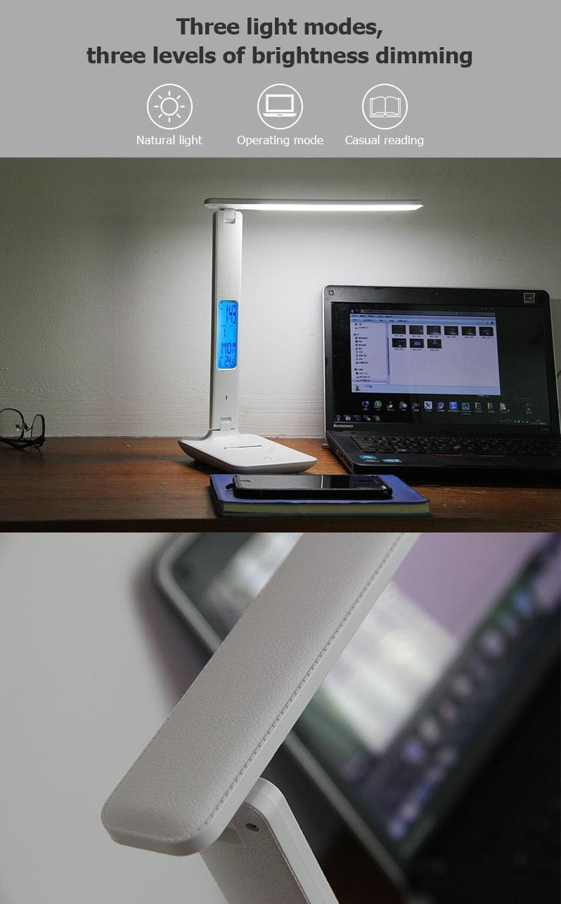 Stevvex ST125164AYY white modern LED desk lamp with foldable arm and calendar display dimmable on Tampa Home & Garden Store