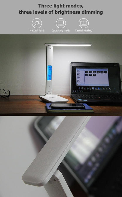 Stevvex ST125164AYY white modern LED desk lamp with foldable arm and calendar display dimmable on Tampa Home & Garden Store