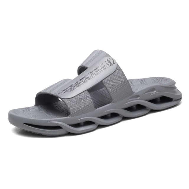 Stevvex gray memory-foam slide slippers with dual straps and sculpted wavy sole on Tampa Home & Garden Store