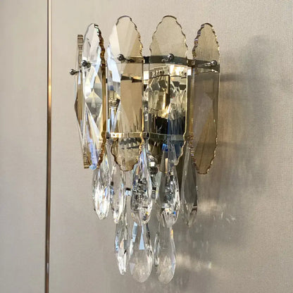 Champagne Crystal Smoke Gray Sconce Decorbites gold-tone frame with hanging crystal prisms on Tampa Home & Garden Store