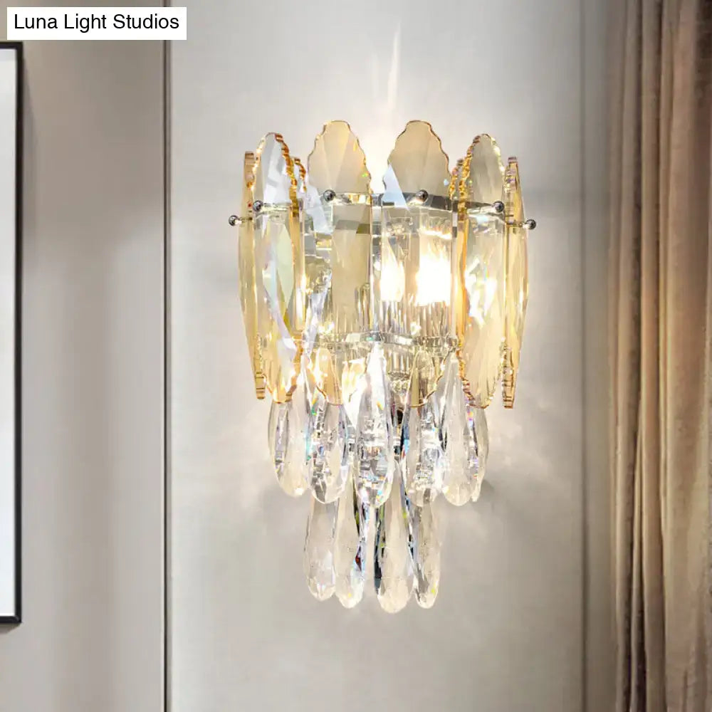 Champagne crystal smoke gray sconce by Decorbites with gold-tone rings and dangling prisms on Tampa Home & Garden Store