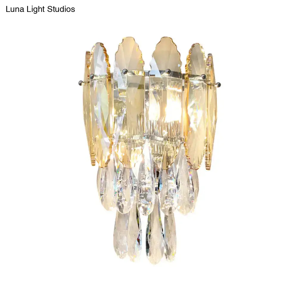 Champagne crystal smoke gray wall sconce with gold-toned frame and hanging prisms, Decorbites on Tampa Home & Garden Store