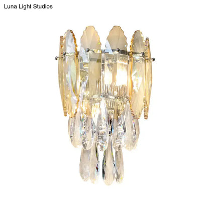 Champagne crystal smoke gray wall sconce with gold-toned frame and hanging prisms, Decorbites on Tampa Home & Garden Store