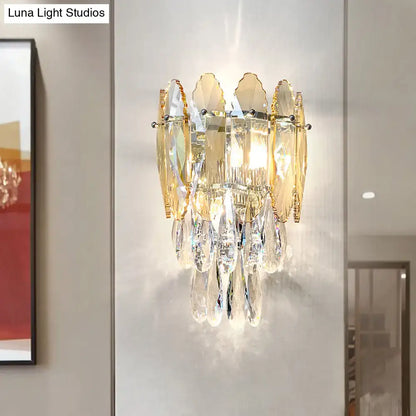 Champagne crystal smoke gray wall sconce with dangling prisms by Decorbites on Tampa Home & Garden Store