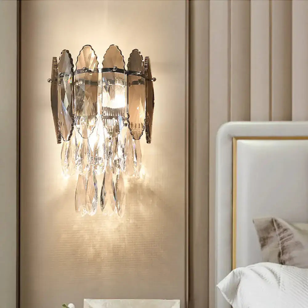 Champagne Crystal Smoke Gray Sconce with gold-toned frame and hanging crystals Decorbites on Tampa Home & Garden Store