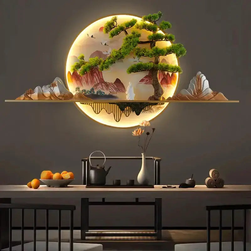 Modern Chinese landscape LED picture lamp, Decorbites 3D wall art with bonsai tree on Tampa Home & Garden Store
