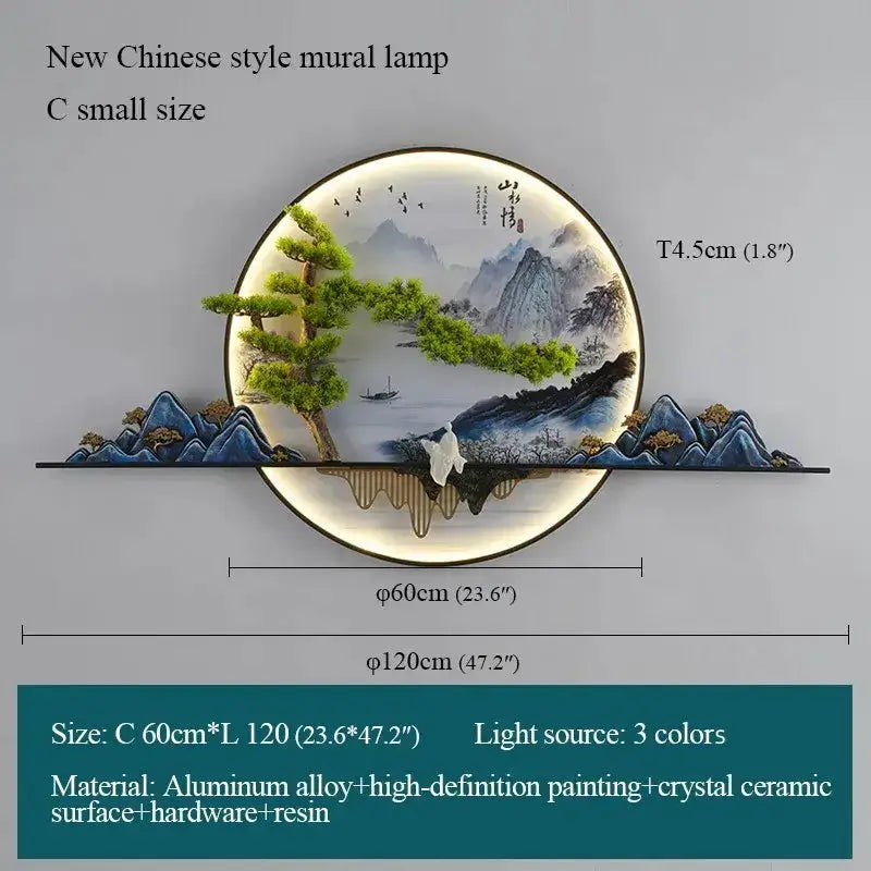 Modern Chinese landscape LED picture lamp circular wall art Decorbites mountain scene on Tampa Home & Garden Store