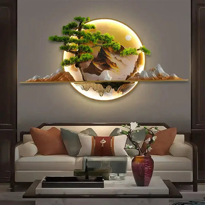 Modern Chinese landscape LED picture lamp 3D wall art with circular backlit mountain scene on Tampa Home & Garden Store