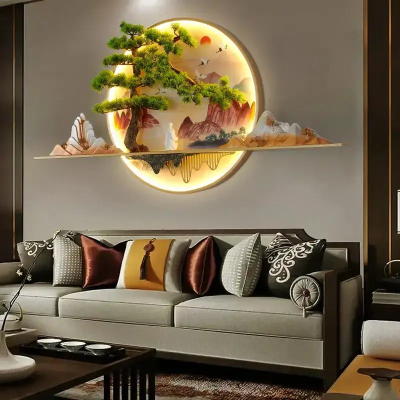 LED Chinese landscape 3D wall art by Decorbites with circular backlit frame on Tampa Home & Garden Store