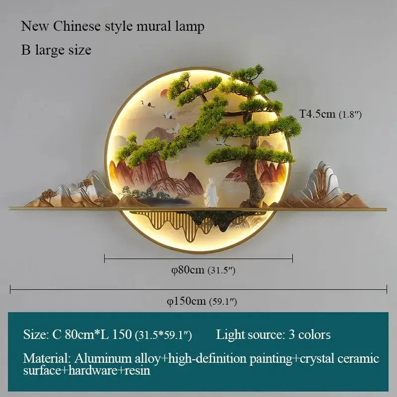 Decorbites round Chinese landscape LED wall lamp with pine tree scene, 80cm dia, 3-color light on Tampa Home & Garden Store