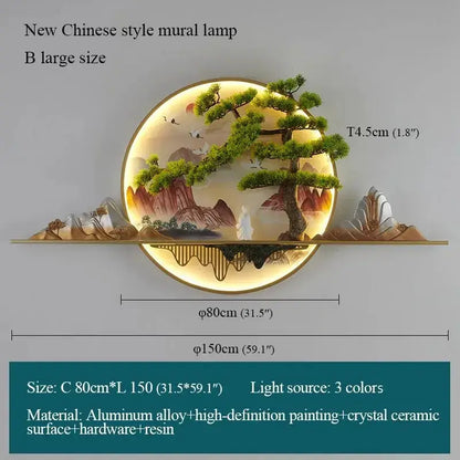 Decorbites round Chinese landscape LED wall lamp with pine tree scene, 80cm dia, 3-color light on Tampa Home & Garden Store
