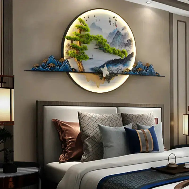 Modern Chinese landscape LED lamp by Decorbites, backlit wall art with mountains and trees on Tampa Home & Garden Store