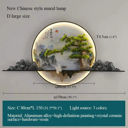 Round wall art LED lamp by Decorbites with aluminum frame, Chinese landscape, 3-color backlight on Tampa Home & Garden Store