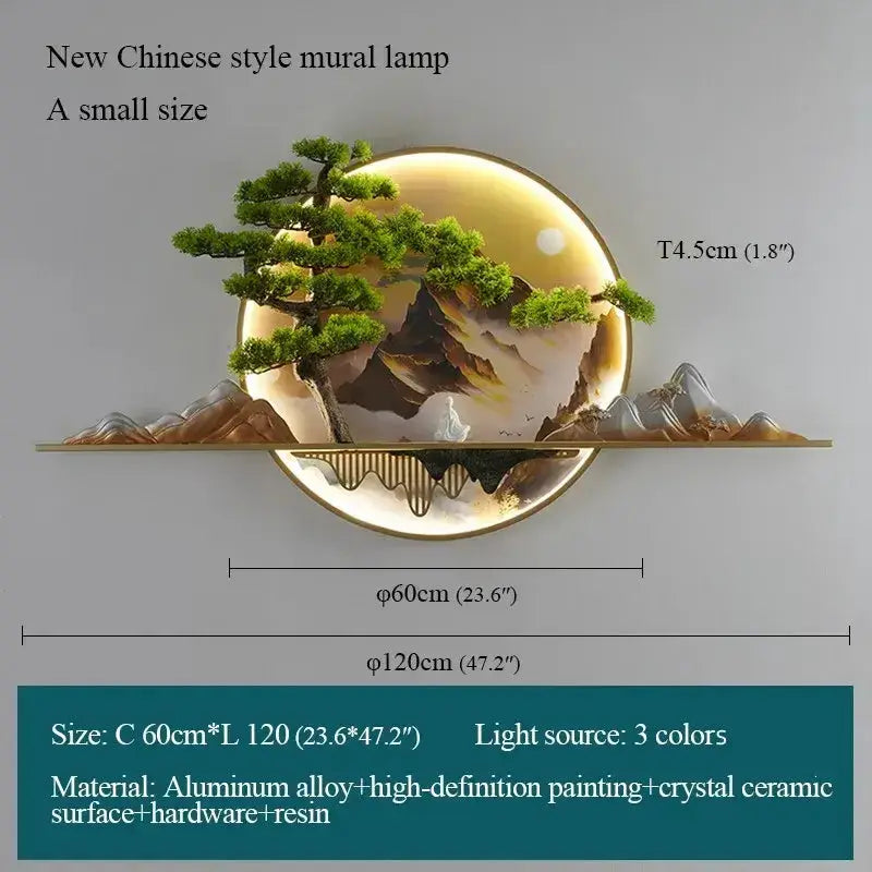 Decorbites modern Chinese landscape LED wall lamp with circular gold backlight and bonsai on Tampa Home & Garden Store