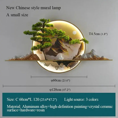 Decorbites modern Chinese landscape LED wall lamp with circular gold backlight and bonsai on Tampa Home & Garden Store