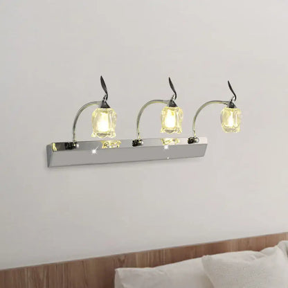 Chrome Crystal 3-Bulb Vanity Light with glass cube shades on a wall-mounted chrome bar on Tampa Home & Garden Store