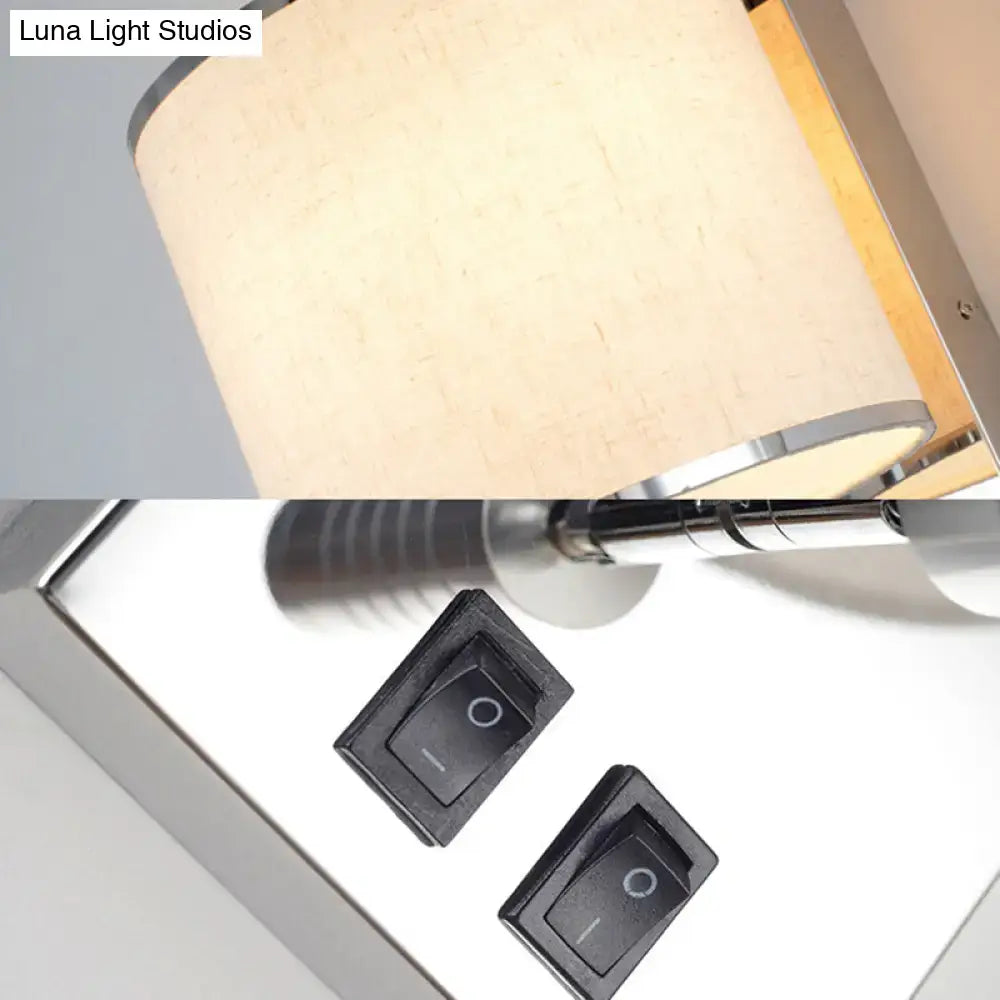 Chrome Fabric Drum Sconce by Decorbites, beige fabric drum shade, chrome hardware, dual switches on Tampa Home & Garden Store