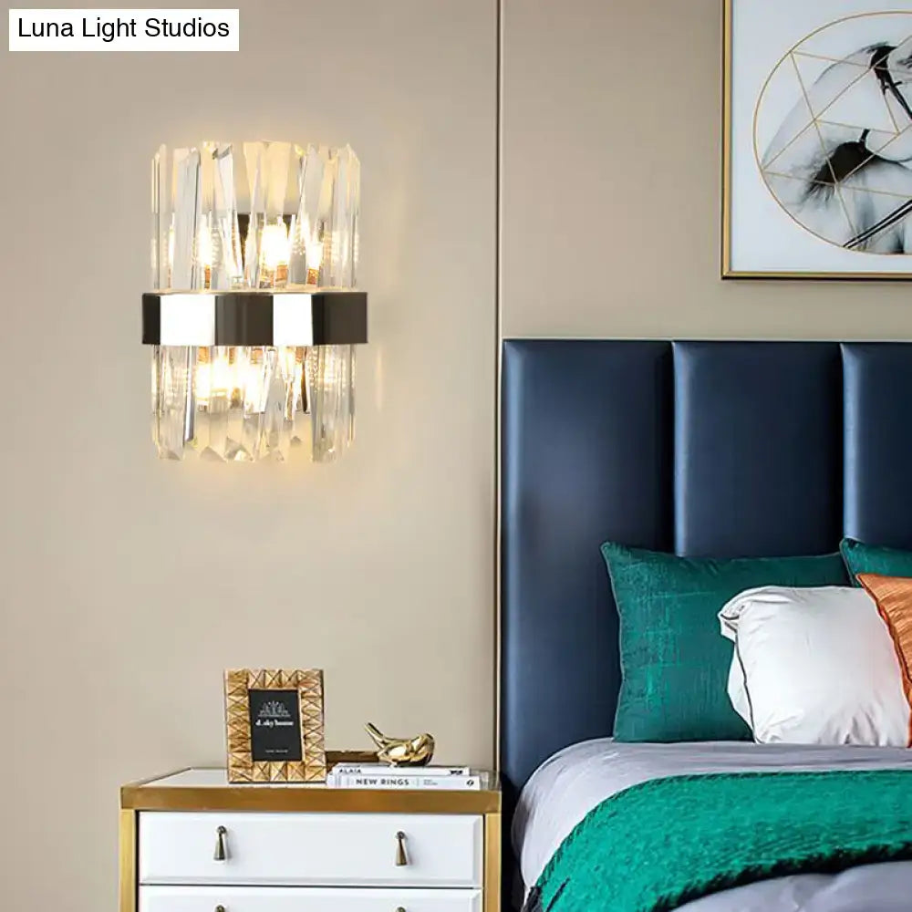 Chrome crystal wall sconce single-bulb by Decorbites with crystal prisms in modern bedroom on Tampa Home & Garden Store