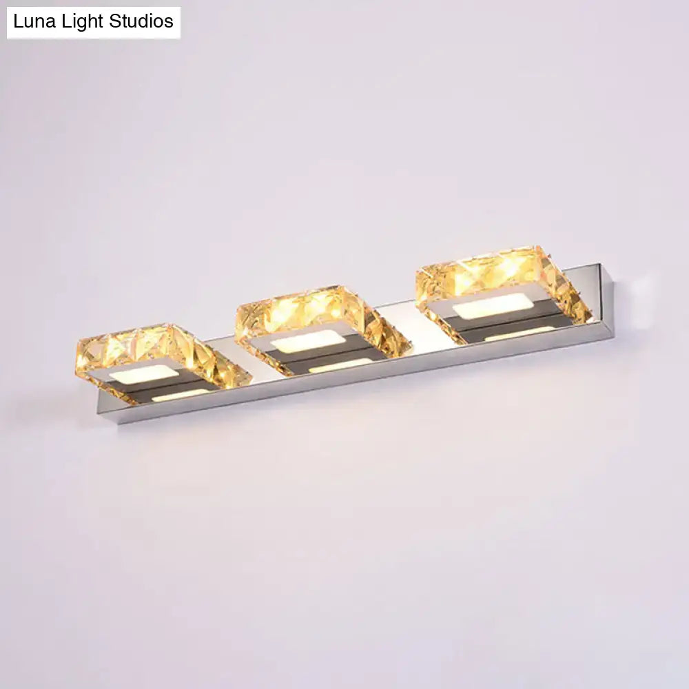 Chrome Gold Crystal Vanity Light fixture with three square crystal frames on a chrome bar Decorbites on Tampa Home & Garden Store