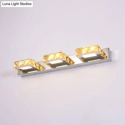 Chrome Gold Crystal Vanity Light fixture with three square crystal frames on a chrome bar Decorbites on Tampa Home & Garden Store