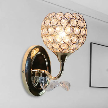 Blue Crystal Globe Premium Sconce with goldtone backplate and curved arm, crystal disc globe light on Tampa Home & Garden Store