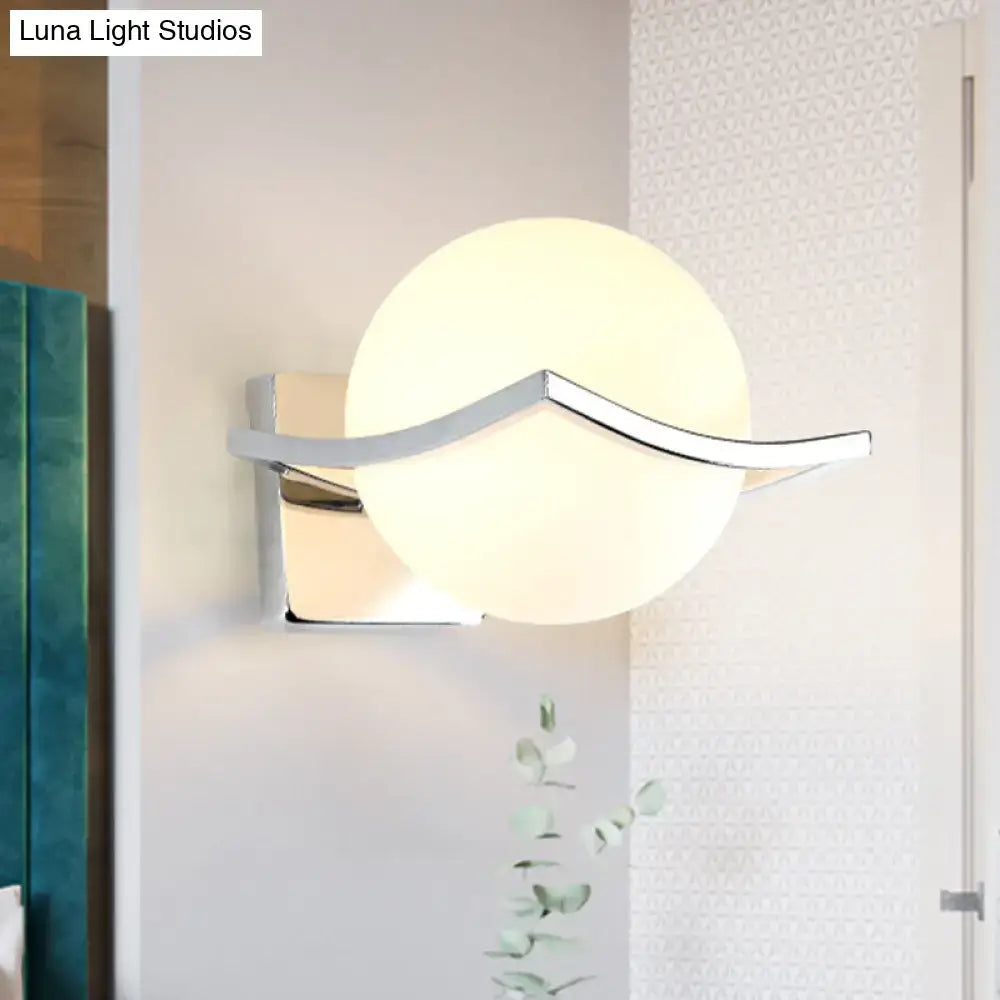 White Glass Globe Sconce with curved chrome arm and square backplate Decorbites on Tampa Home & Garden Store