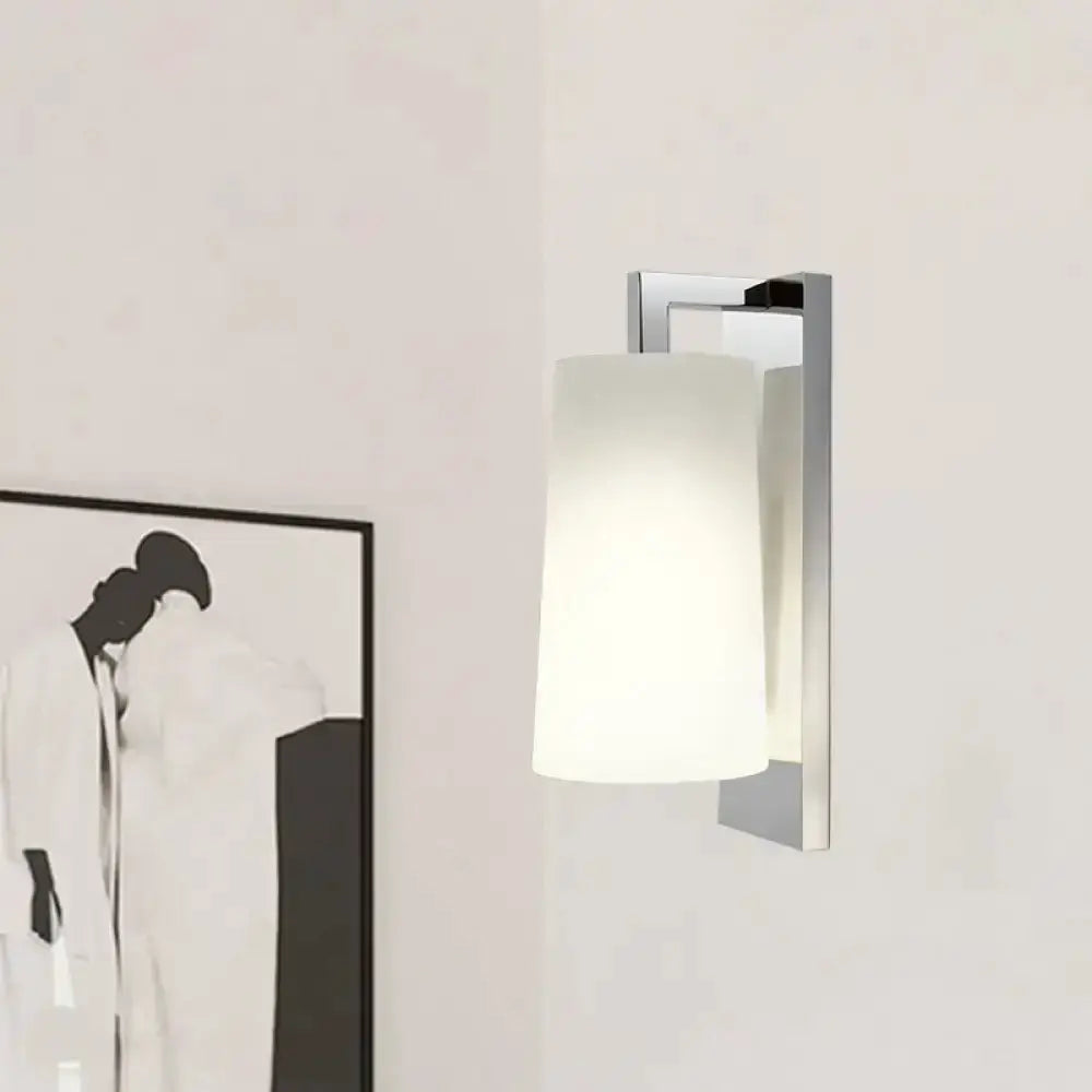Modern chrome and white glass wall lamp sconce with frosted shade for bedroom on Tampa Home & Garden Store
