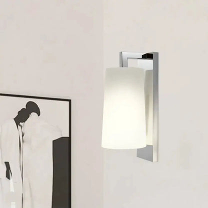 Modern chrome and white glass wall lamp sconce with frosted shade for bedroom on Tampa Home & Garden Store