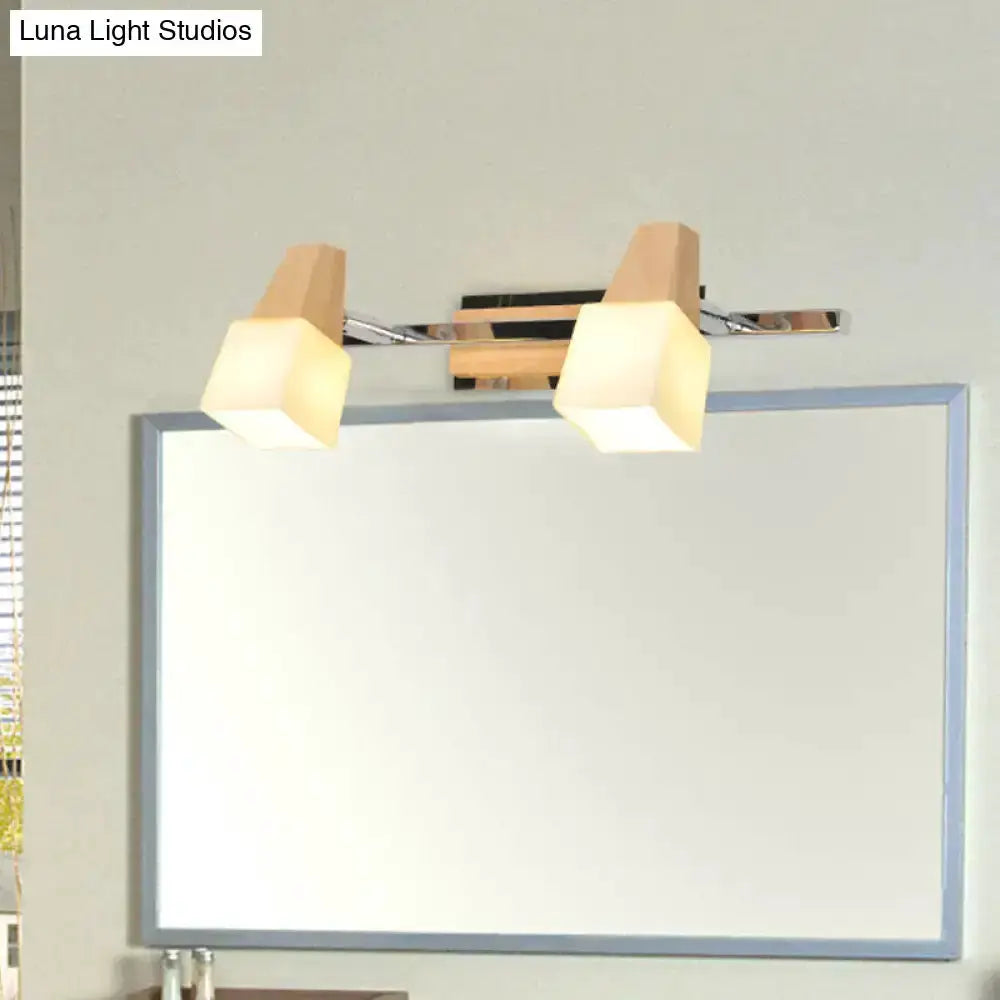 Modern chrome and wood cube vanity light fixture with two frosted white cube shades Decorbites on Tampa Home & Garden Store