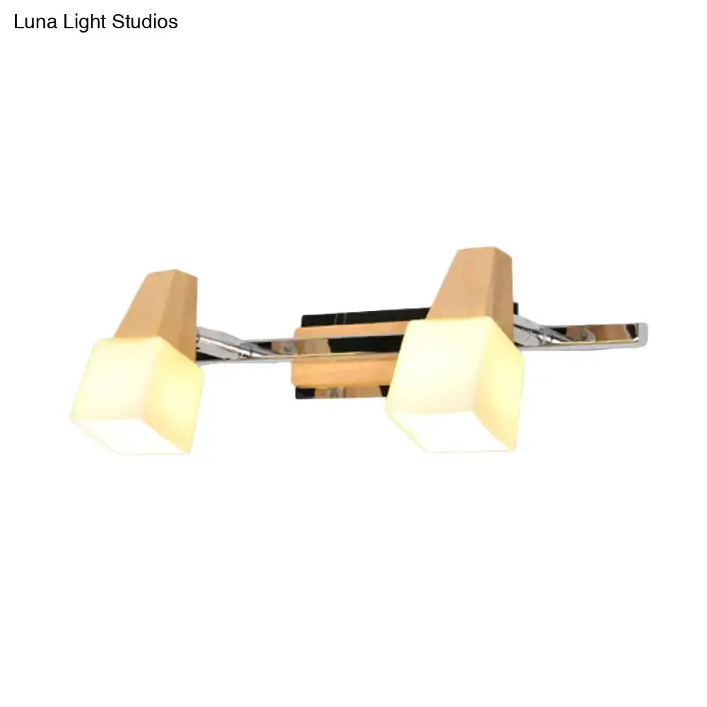 Modern chrome and wood cube vanity light fixture with two frosted glass shades Decorbites on Tampa Home & Garden Store