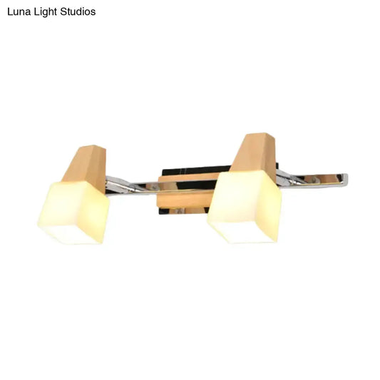 Modern chrome and wood cube vanity light fixture with two frosted glass shades Decorbites on Tampa Home & Garden Store