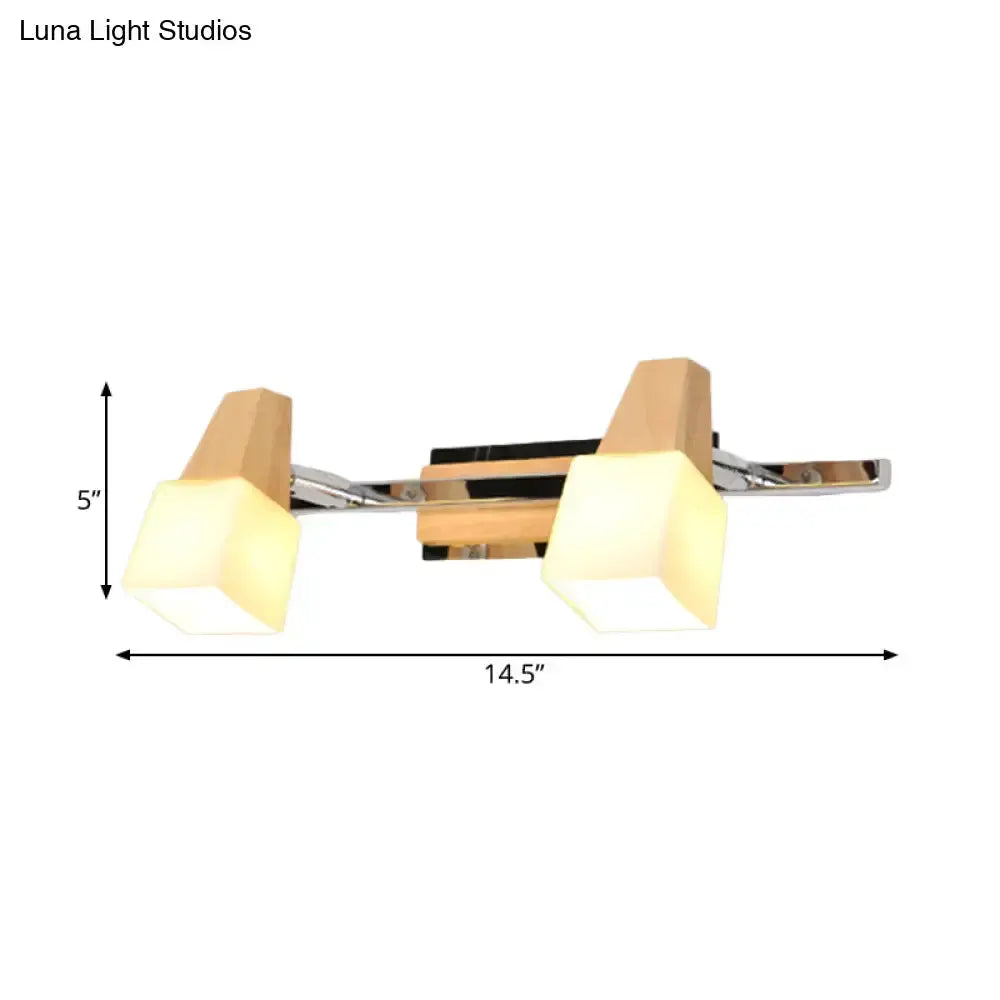 Modern chrome and wood cube vanity light fixture with two frosted glass cubes, 14.5 in wide on Tampa Home & Garden Store