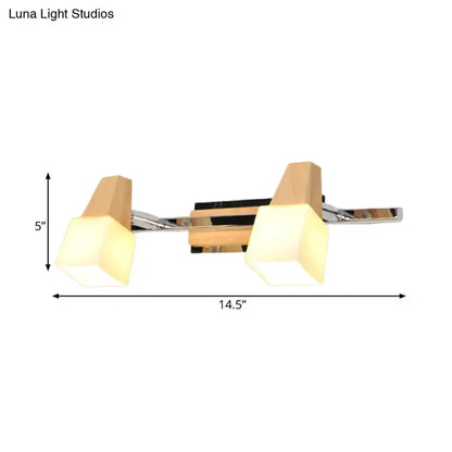 Modern chrome and wood cube vanity light fixture with two frosted glass cubes, 14.5 in wide on Tampa Home & Garden Store
