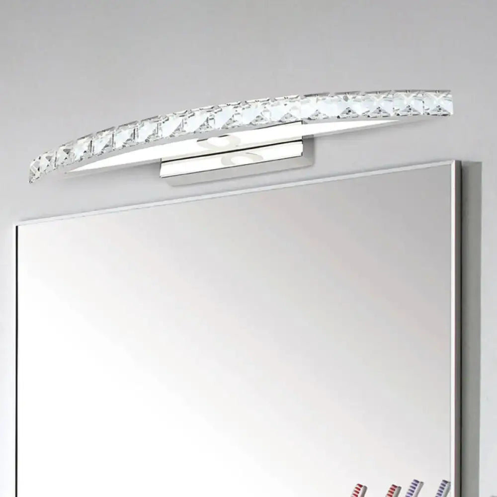 Wood LED Vanity Light curved crystal bar fixture with chrome mount above a mirror on Tampa Home & Garden Store