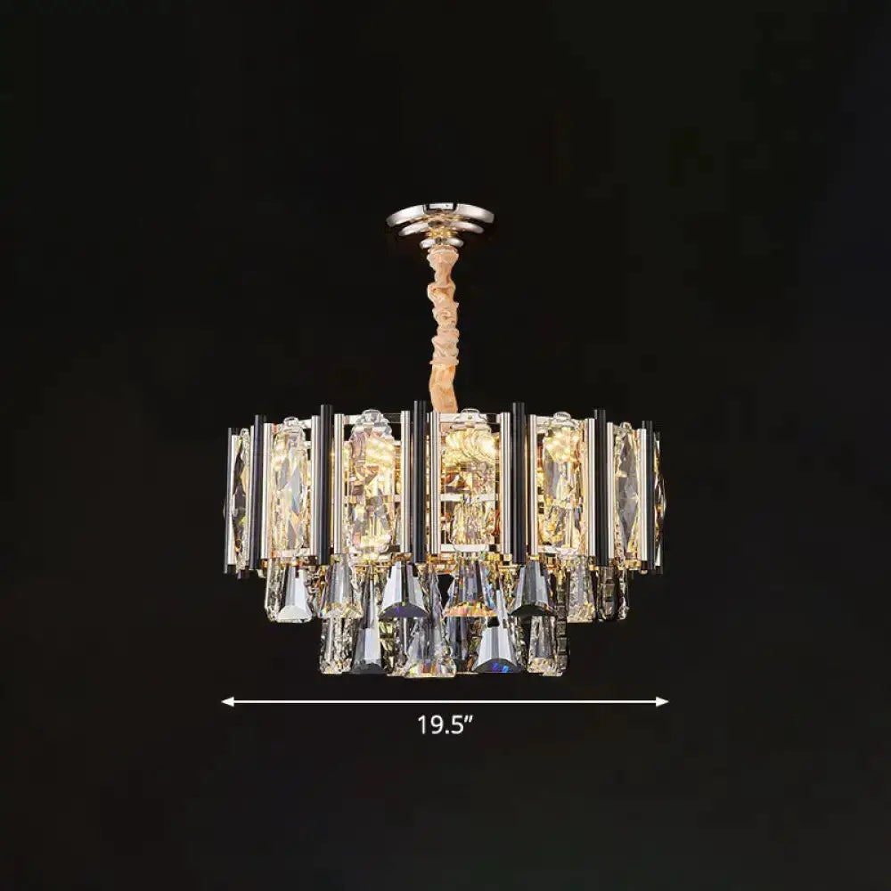 Modern chrome beveled crystal chandelier with hanging prism crystals and cord, on Tampa Home & Garden Store
