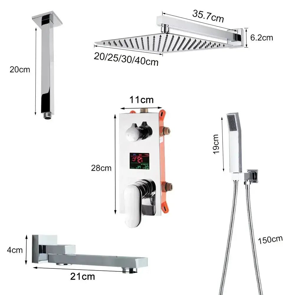 Chrome 5-piece rainfall shower set with digital display; rain head, handheld shower, wall mixer, rail, spout on Tampa Home & Garden Store