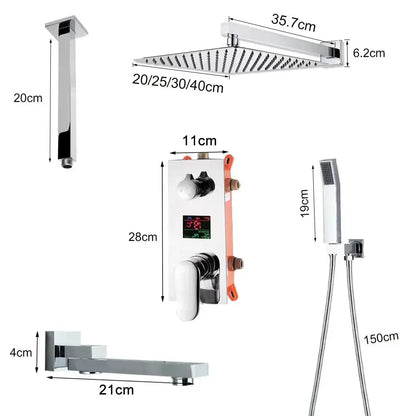 Chrome 5-piece rainfall shower set with digital display; rain head, handheld shower, wall mixer, rail, spout on Tampa Home & Garden Store